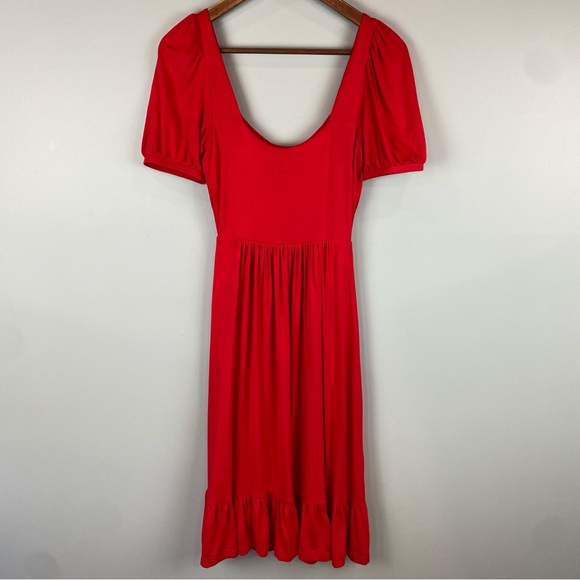 Anthropologie Red Knit Milkmaid Romantic Cottagecore Midi ruffle trim Dress XS - Picture 5 of 8